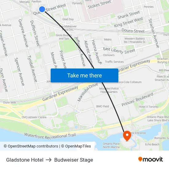 Gladstone Hotel to Budweiser Stage map