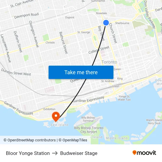 Bloor Yonge Station to Budweiser Stage map