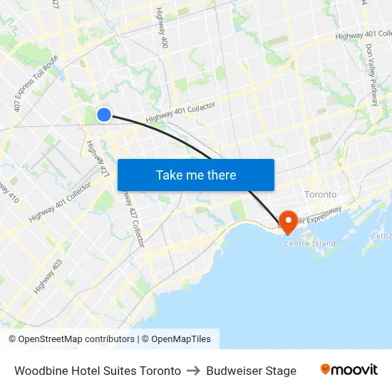 Woodbine Hotel Suites Toronto to Budweiser Stage map