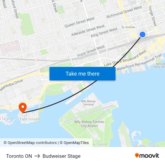 Toronto ON to Budweiser Stage map