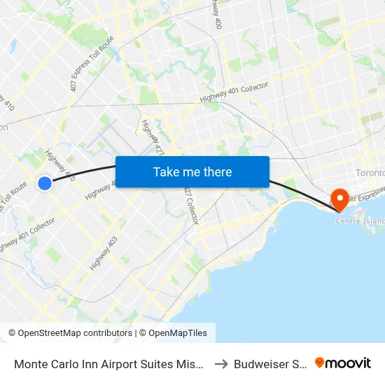 Monte Carlo Inn Airport Suites Mississauga to Budweiser Stage map