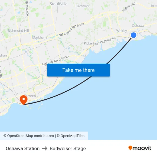 Oshawa Station to Budweiser Stage map