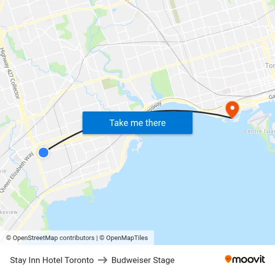 Stay Inn Hotel Toronto to Budweiser Stage map