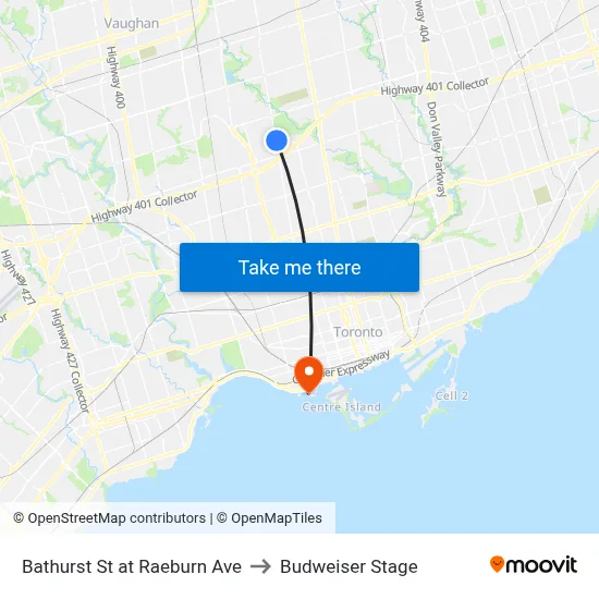 Bathurst St at Raeburn Ave to Budweiser Stage map