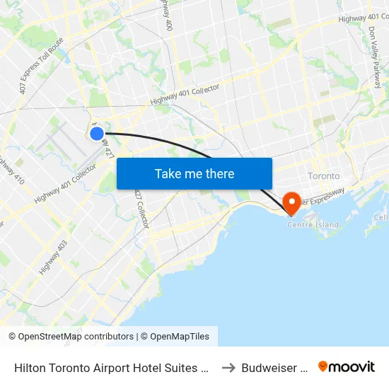 Hilton Toronto Airport Hotel Suites Mississauga to Budweiser Stage map