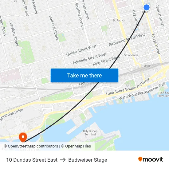 10 Dundas Street East to Budweiser Stage map