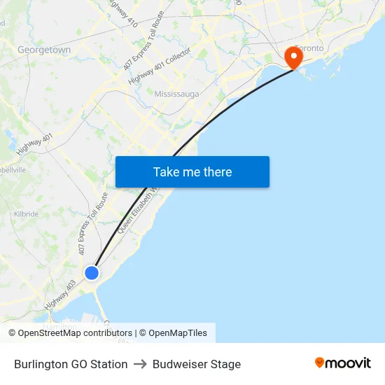 Burlington GO Station to Budweiser Stage map