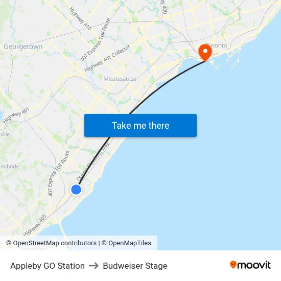 Appleby GO Station to Budweiser Stage map