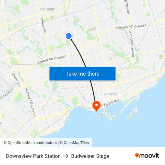 Downsview Park Station to Budweiser Stage map