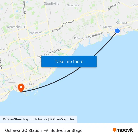 Oshawa GO Station to Budweiser Stage map