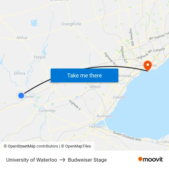University of Waterloo to Budweiser Stage map