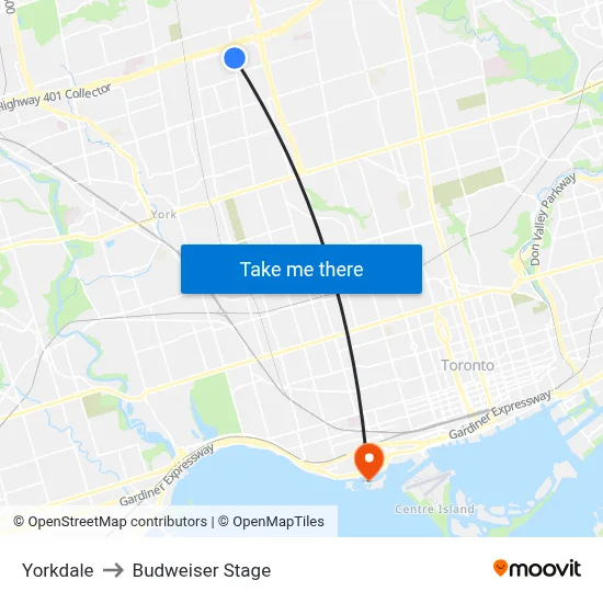 Yorkdale to Budweiser Stage map