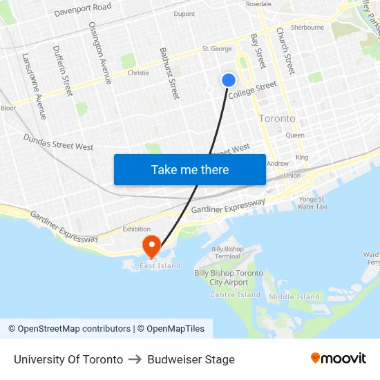 University Of Toronto to Budweiser Stage map