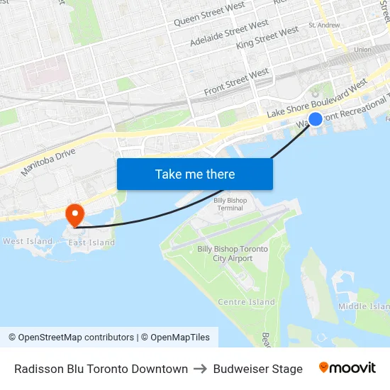 Radisson Blu Toronto Downtown to Budweiser Stage map
