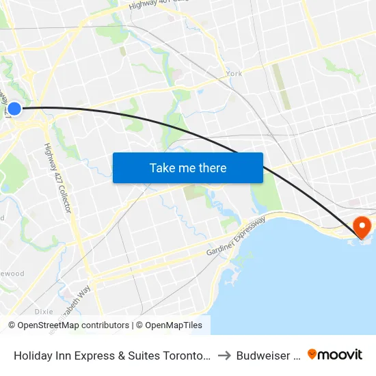 Holiday Inn Express & Suites Toronto Airport South to Budweiser Stage map