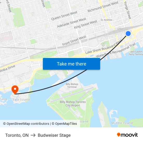 Toronto, ON to Budweiser Stage map