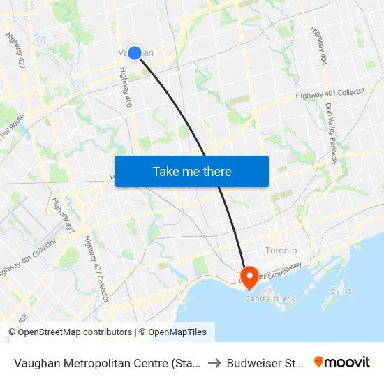 Vaughan Metropolitan Centre (Station) to Budweiser Stage map
