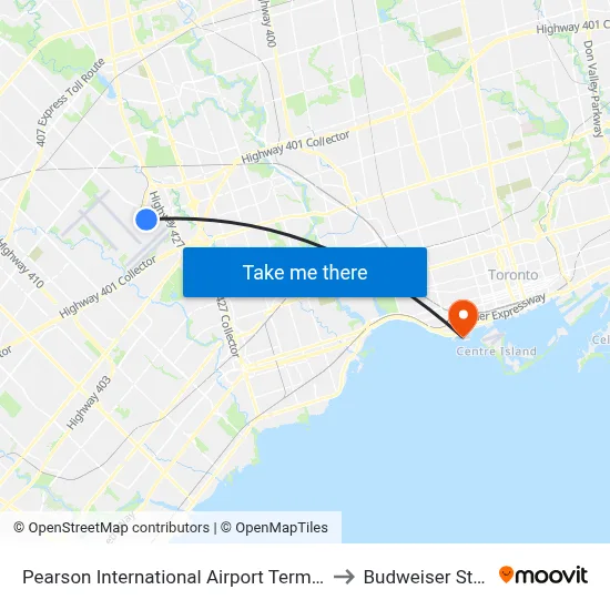 Pearson International Airport Terminal 1 to Budweiser Stage map