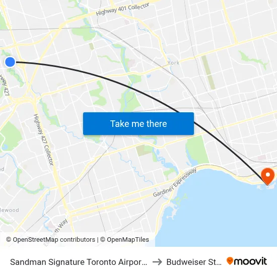 Sandman Signature Toronto Airport Hotel to Budweiser Stage map