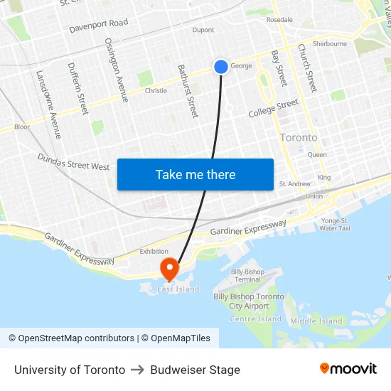 University of Toronto to Budweiser Stage map