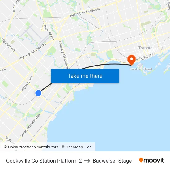 Cooksville Go Station Platform 2 to Budweiser Stage map