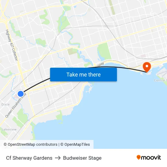 Cf Sherway Gardens to Budweiser Stage map