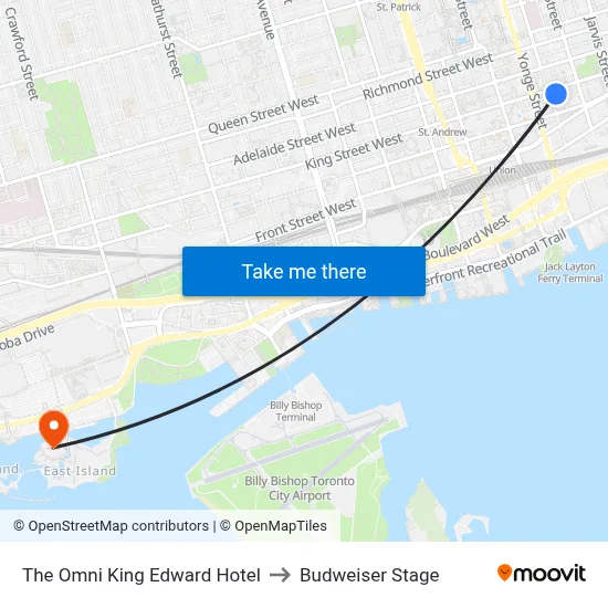 The Omni King Edward Hotel to Budweiser Stage map