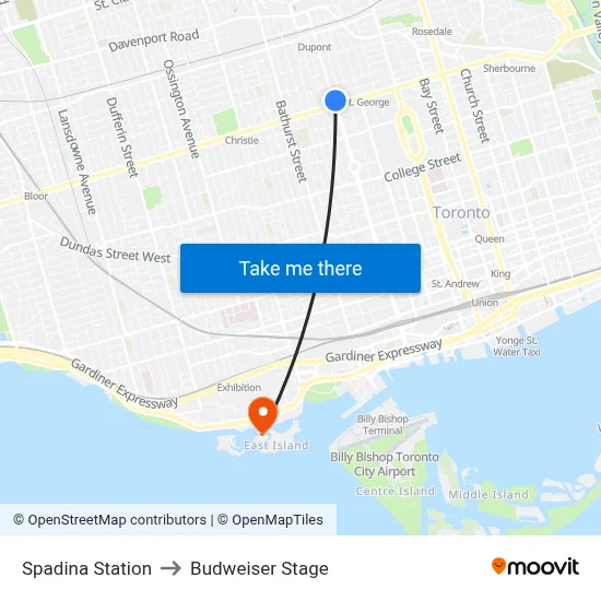 Spadina Station to Budweiser Stage map
