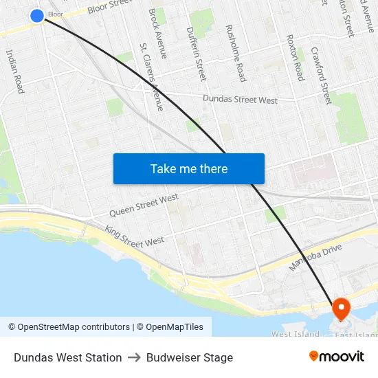 Dundas West Station to Budweiser Stage map