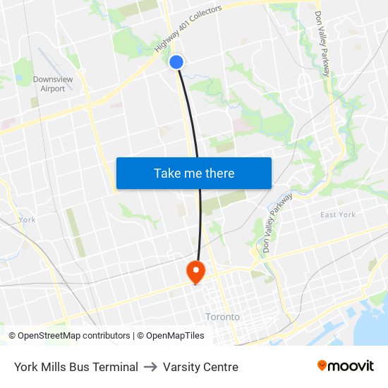 York Mills Bus Terminal to Varsity Centre map