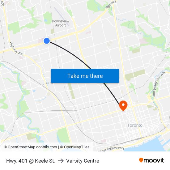 Hwy. 401 @ Keele St. to Varsity Centre map