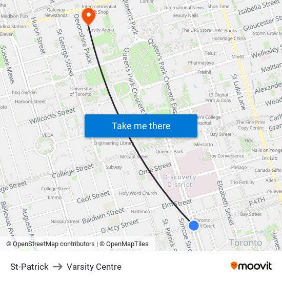 St-Patrick to Varsity Centre map