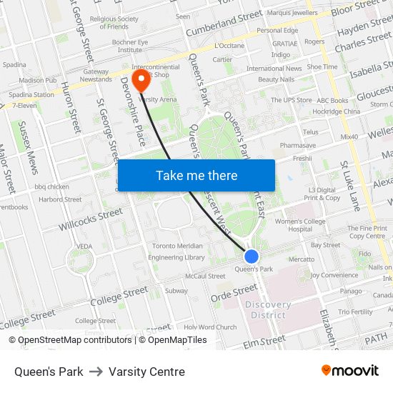 Queen's Park to Varsity Centre map