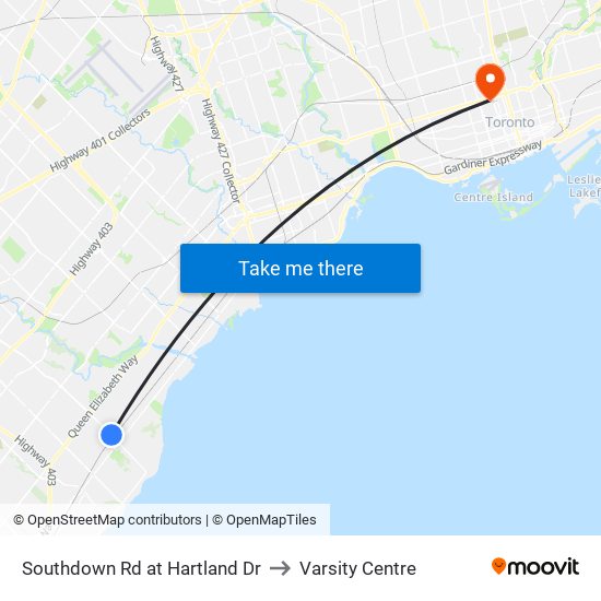 Southdown Rd at Hartland Dr to Varsity Centre map