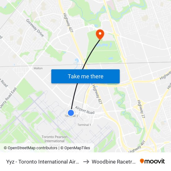 Yyz - Toronto International Airport to Woodbine Racetrack map