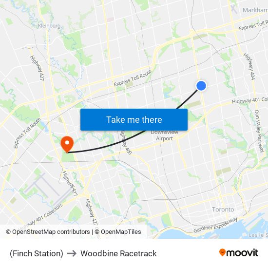 (Finch Station) to Woodbine Racetrack map