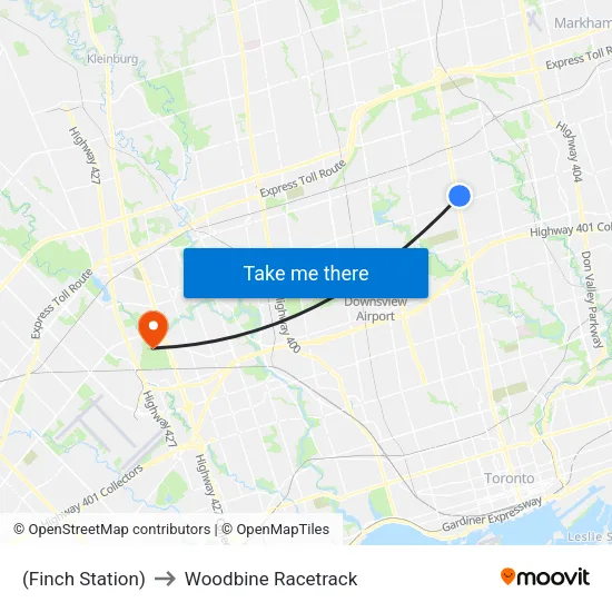 (Finch Station) to Woodbine Racetrack map