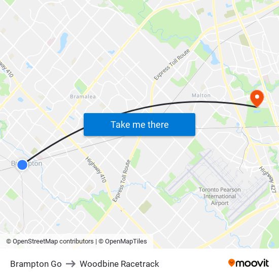 Brampton Go to Woodbine Racetrack map