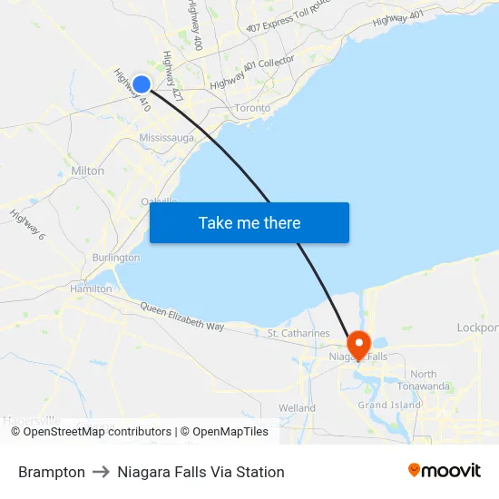 Brampton to Niagara Falls Via Station map