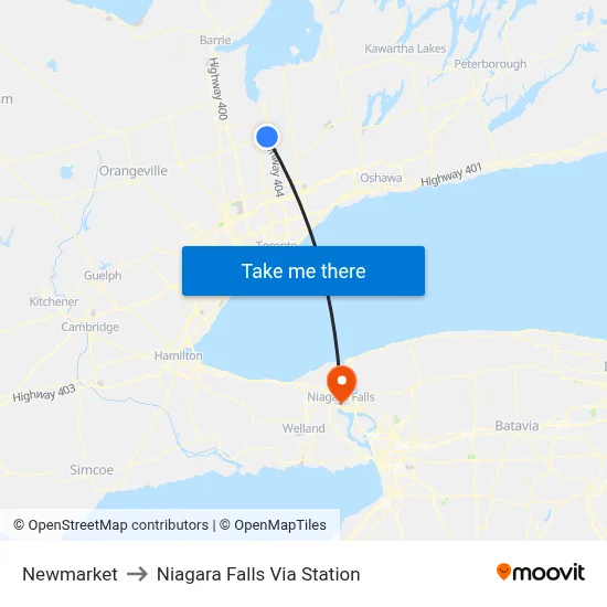 Newmarket to Niagara Falls Via Station map
