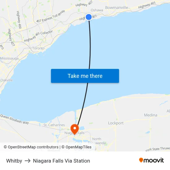 Whitby to Niagara Falls Via Station map