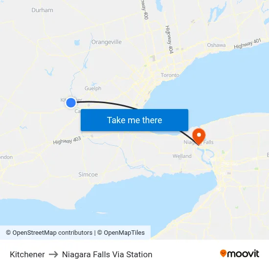 Kitchener to Niagara Falls Via Station map