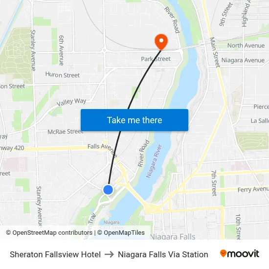 Sheraton Fallsview Hotel to Niagara Falls Via Station map