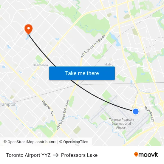 Toronto Airport YYZ to Professors Lake map