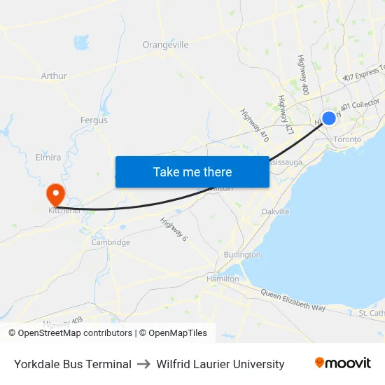 Yorkdale Bus Terminal to Wilfrid Laurier University map