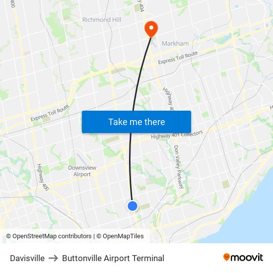 Davisville to Buttonville Airport Terminal map