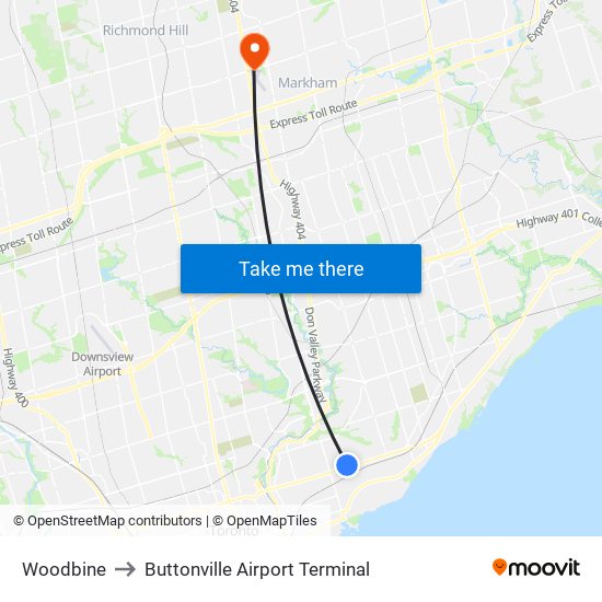 Woodbine to Buttonville Airport Terminal map