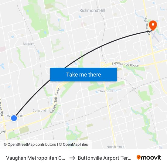 Vaughan Metropolitan Centre to Buttonville Airport Terminal map