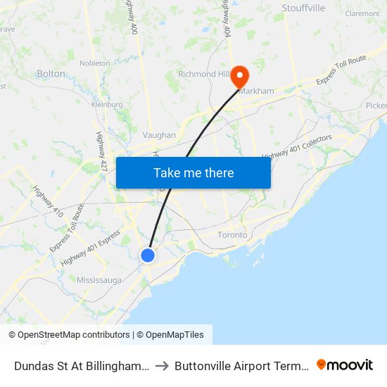Dundas St At Billingham Rd to Buttonville Airport Terminal map