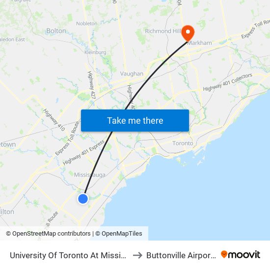 University Of Toronto At Mississauga Campus to Buttonville Airport Terminal map